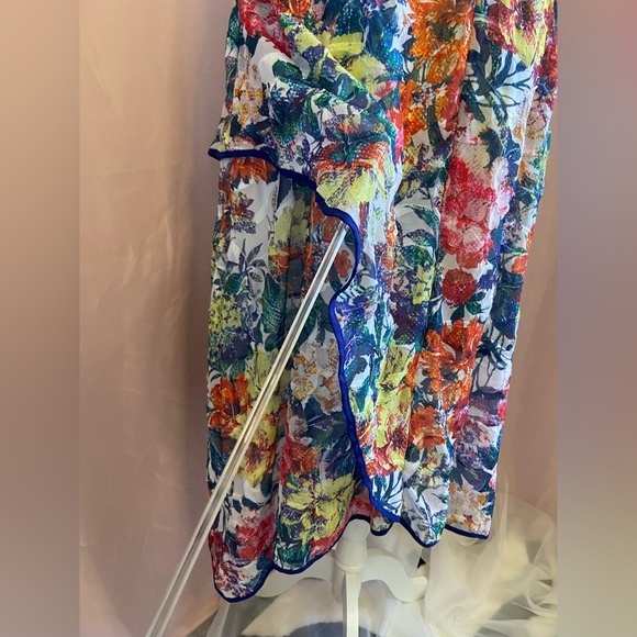 Adrianna Papell Floral Print Asymmetrical Fit & Flare Dress Lettuce Trim - Picture 10 of 14